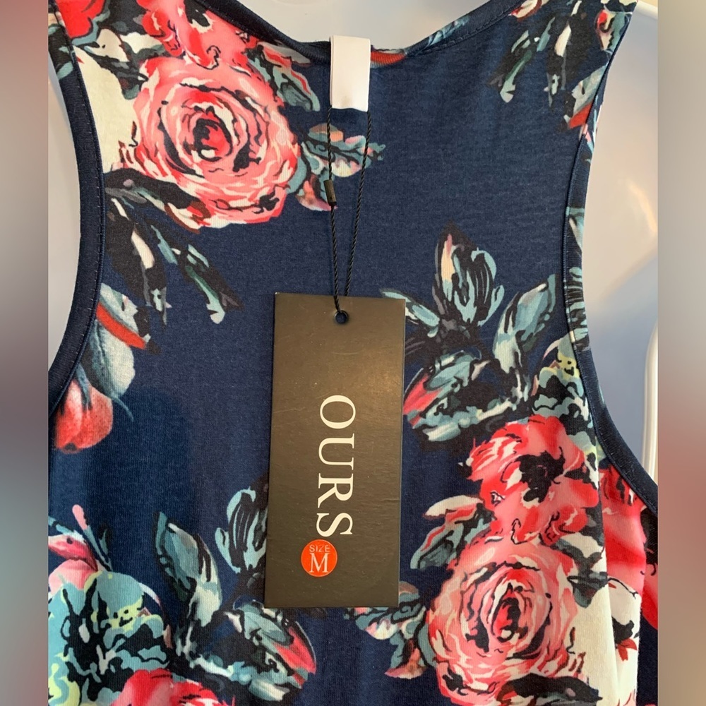 Navy Pink Floral Dress Medium Ours Stretchy Mini MIDI Flower Rose Sundress NEW - Picture 5 of 9